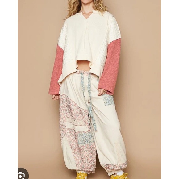 POL Tops - POL Mixed Media Waffle Knit Quilted Patchwork Pullover Top Cream Mauve YKT1307A